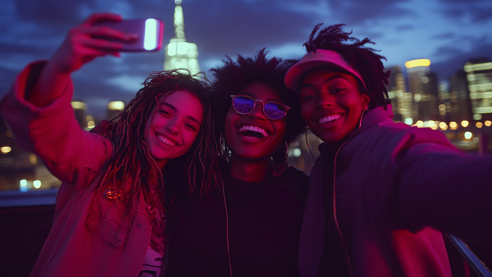 Gen Z friends sharing a selfie at a city rooftop party. Featuring fun and celebration