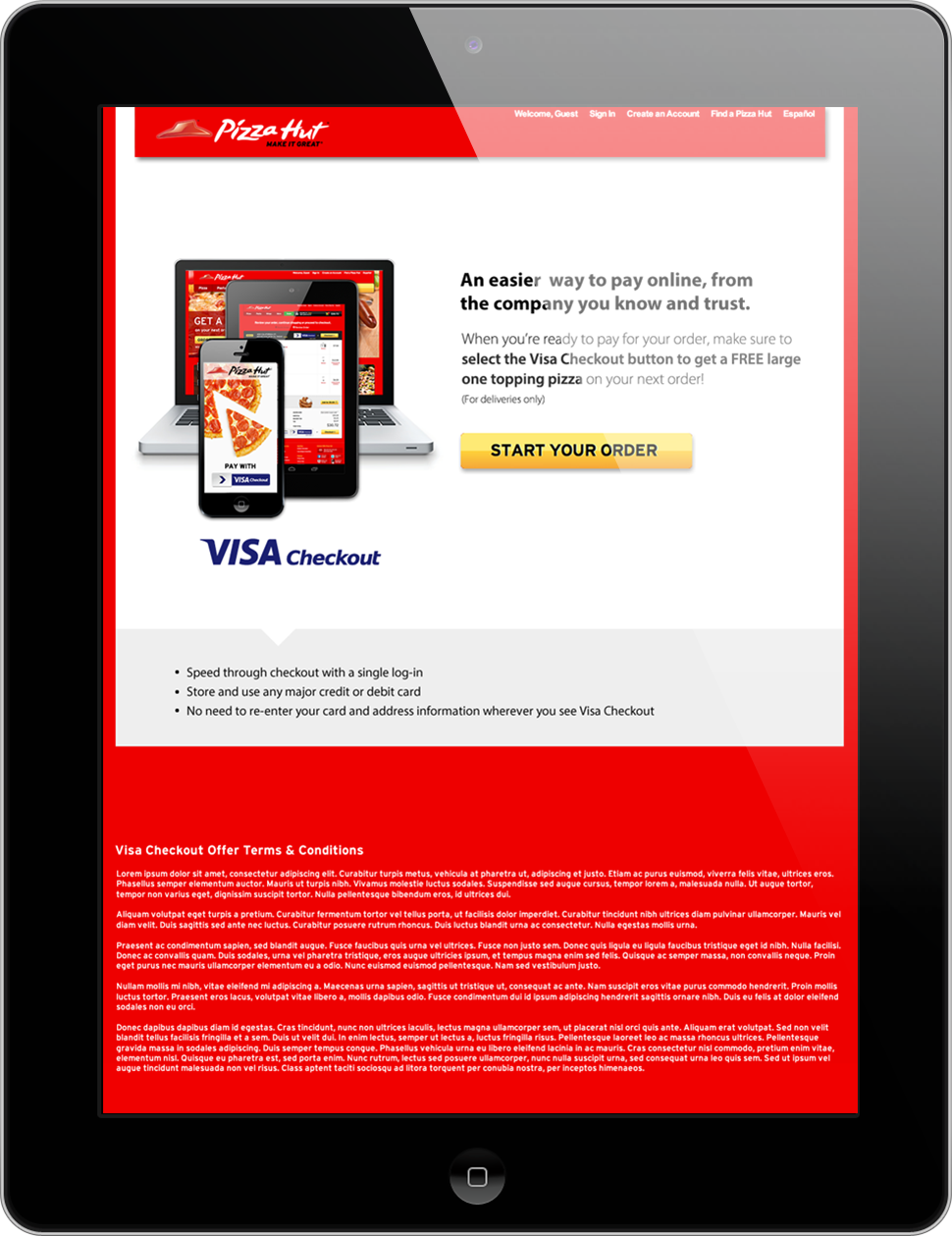 A tablet displaying an overview of Visa Checkout on the Pizza Hut website.