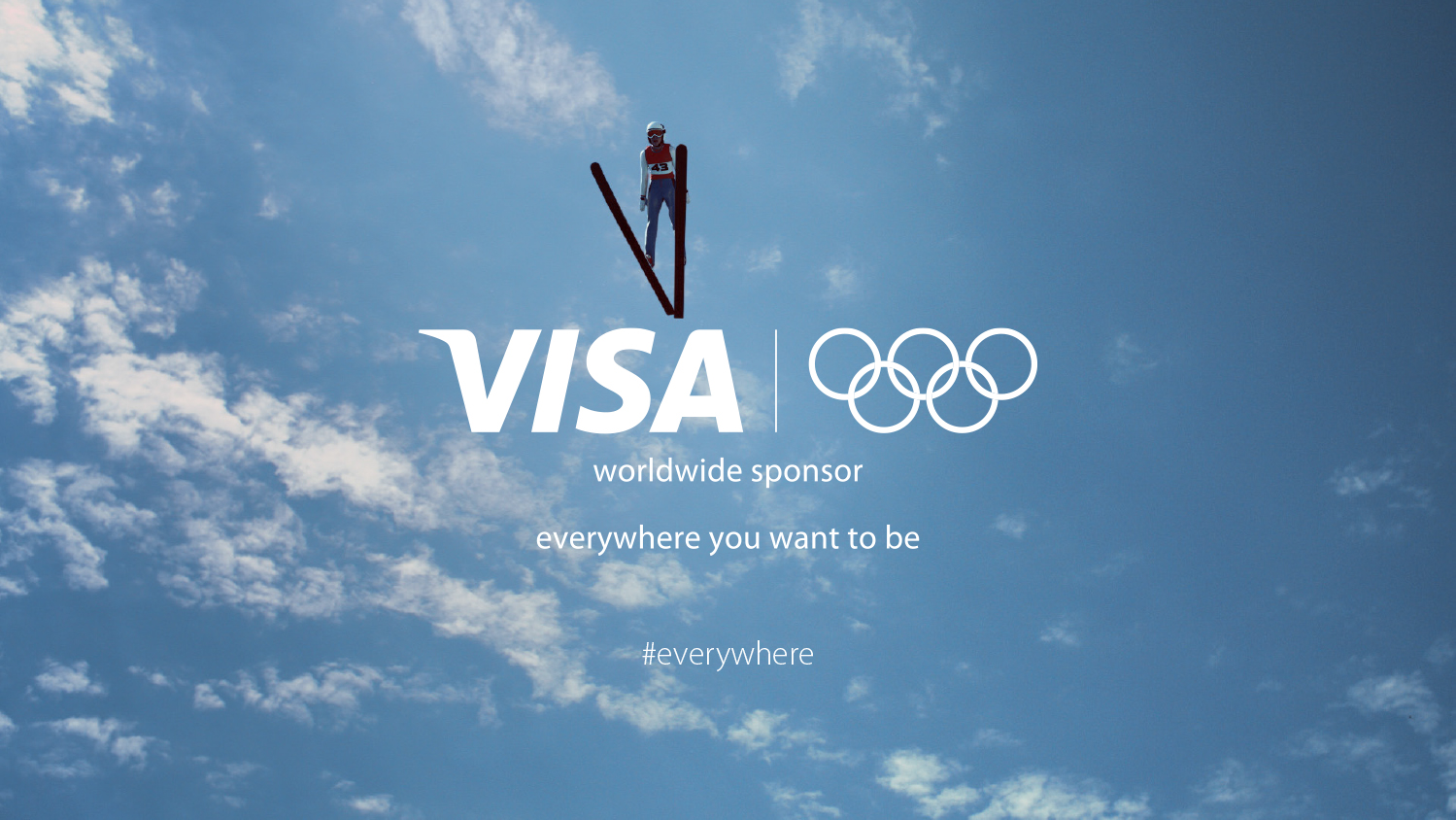 Skier mid jump in the air from below with the Visa and Olympics logo overlaid.