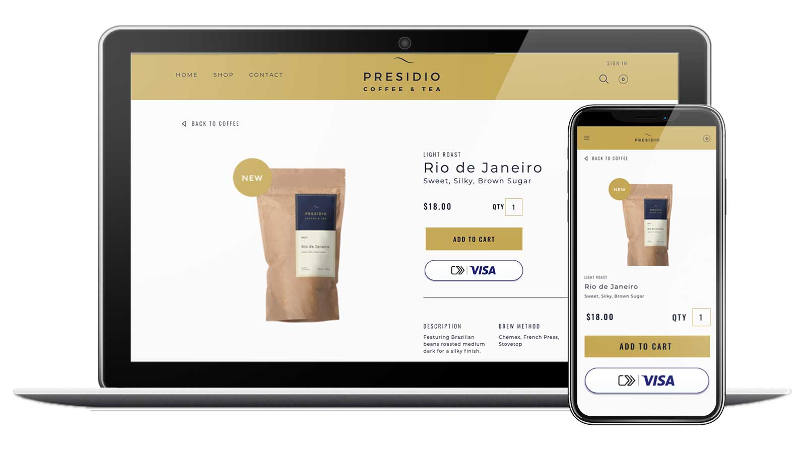 A laptop and phone screen show the new online checkout experience.