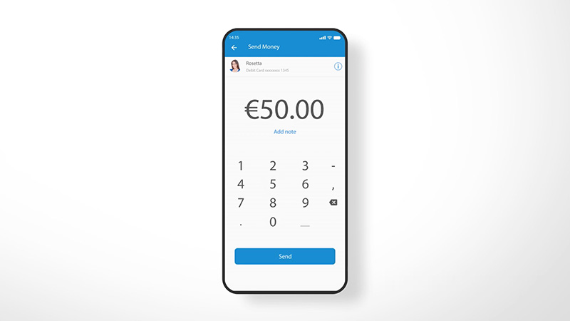 Phone with money transfer of 50 euros shown on screen. 