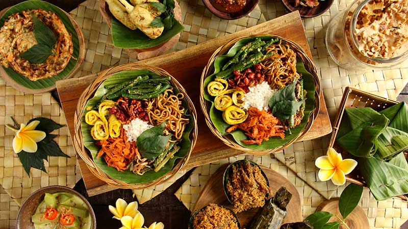 Popular Balinese meal of rice with variety side dishes